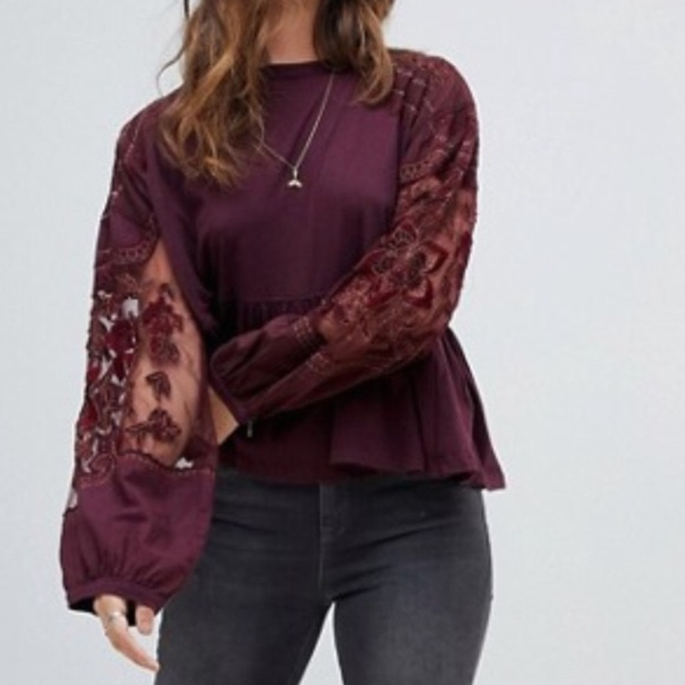 NWT Free People Penny Tee Peplum Embroidered top